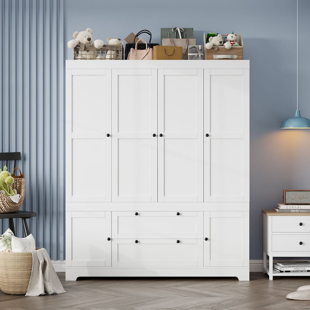 Gyomojoy Large White Wardrobe Closet with Drawers & Doors, Modular Armoire with Hanging Rods, Apartment & Dorm Storage