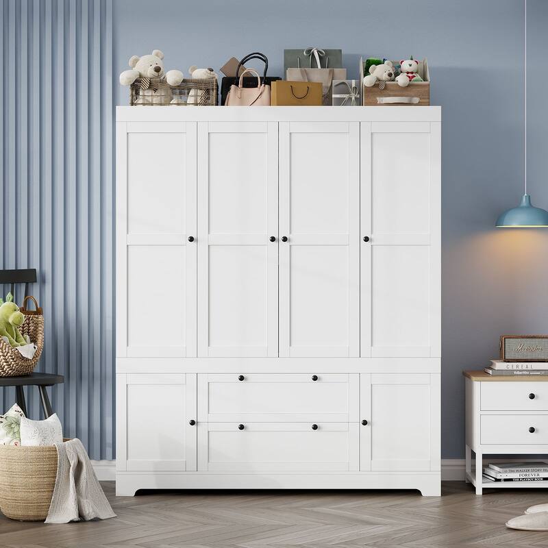 Gyomojoy Large White Wardrobe Closet with Drawers & Doors, Modular Armoire with Hanging Rods, Apartment & Dorm Storage - 4 Door 2 Drawers