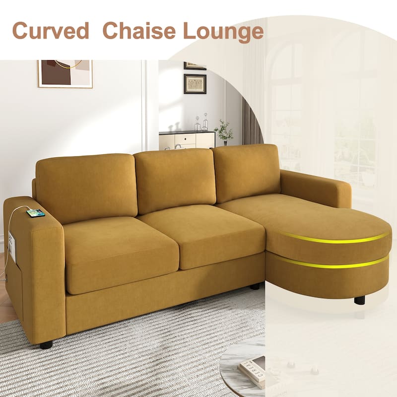 L-Shape Sectional Sofa with Curved Chaise Lounge, Chenille Fabric 3 Seater Sofa with USB Ports & Storage Pockets