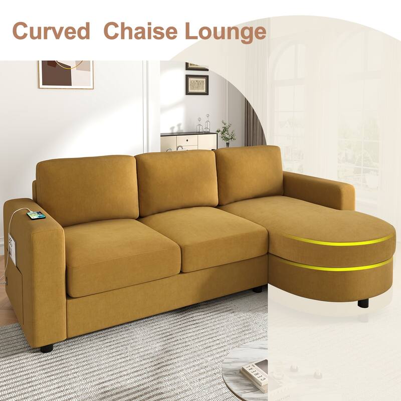 Living Room Chenille L-Shaped Sectional Sofa Set with Curved Chaise Lounge, USB Ports and Side Storage Pockets