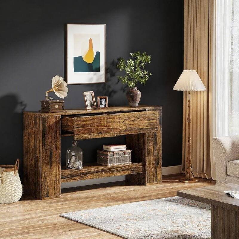 Brown MDF Console Table with Hexahedron Legs and Thick Waterproof Top - 55.12” L x 11.81” W x 33.27” H