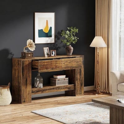 Brown MDF Console Table with Hexahedron Legs and Thick Waterproof Top - 55.12” L x 11.81” W x 33.27” H