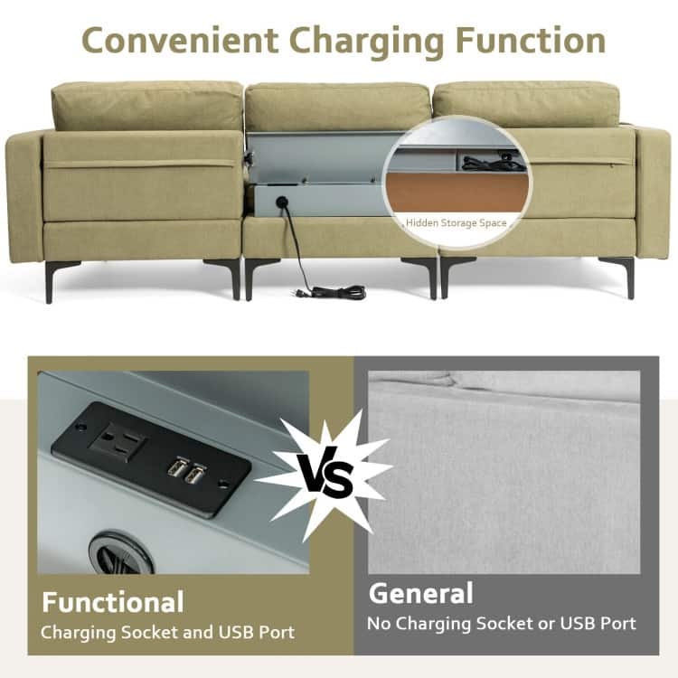 Modular L-shaped Sectional Sofa with Reversible Chaise and 2 USB Ports - 94.5" x 63" x 32.5"(L x W x H)