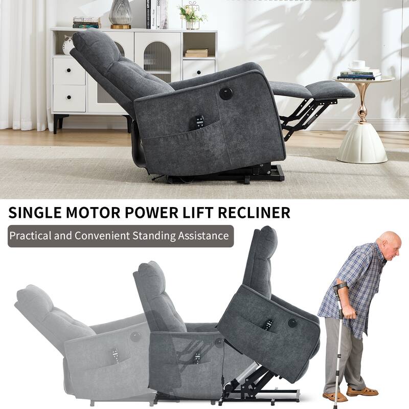 Chenille Single Motor Power Lift Recliner Chair with Massage and Heat for Elderly, Heavy Duty Motion Mechanism and One USB