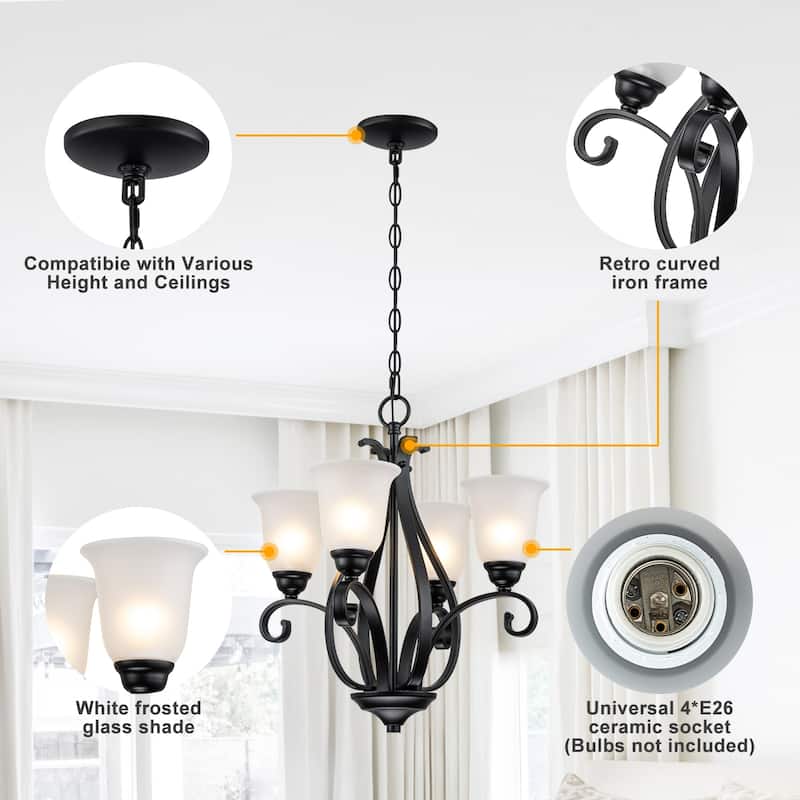 Matte Black 4-Light Candelabra Chandelier with Bell Glass Shades - Dia.8.39-in