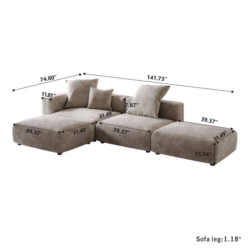 L-shaped Modular Sectional Sofa Corduroy Upholstered Couch with Chaise Ottoman and 3 pillows