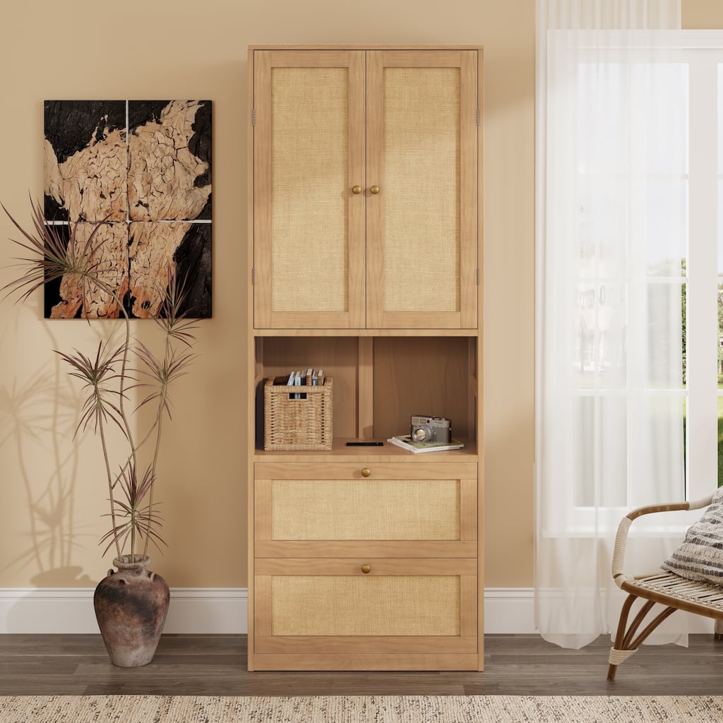 2 Doors Bookshelf with USB Port and 3 Drawers，Rattan Design Side Cabinet Storage Shelves，72.8 inch Tall Bookcase