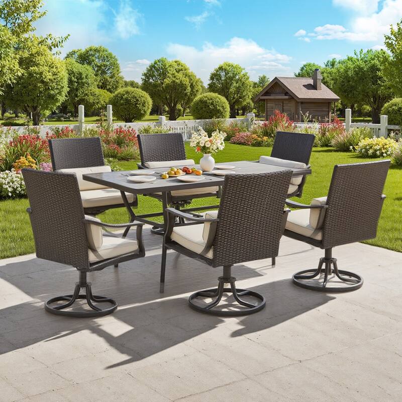 EROMMY Outdoor Dining Set, Swivel Rocking Chairs, Rectangular Table w Umbrella Hole, Patio Furniture Set for Backyard