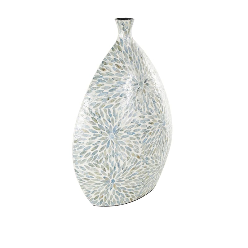 Mother of Pearl Shell Floral Handmade Large Mosaic Decorative Vase with Cream Underlay - Blue - Roche River Decor