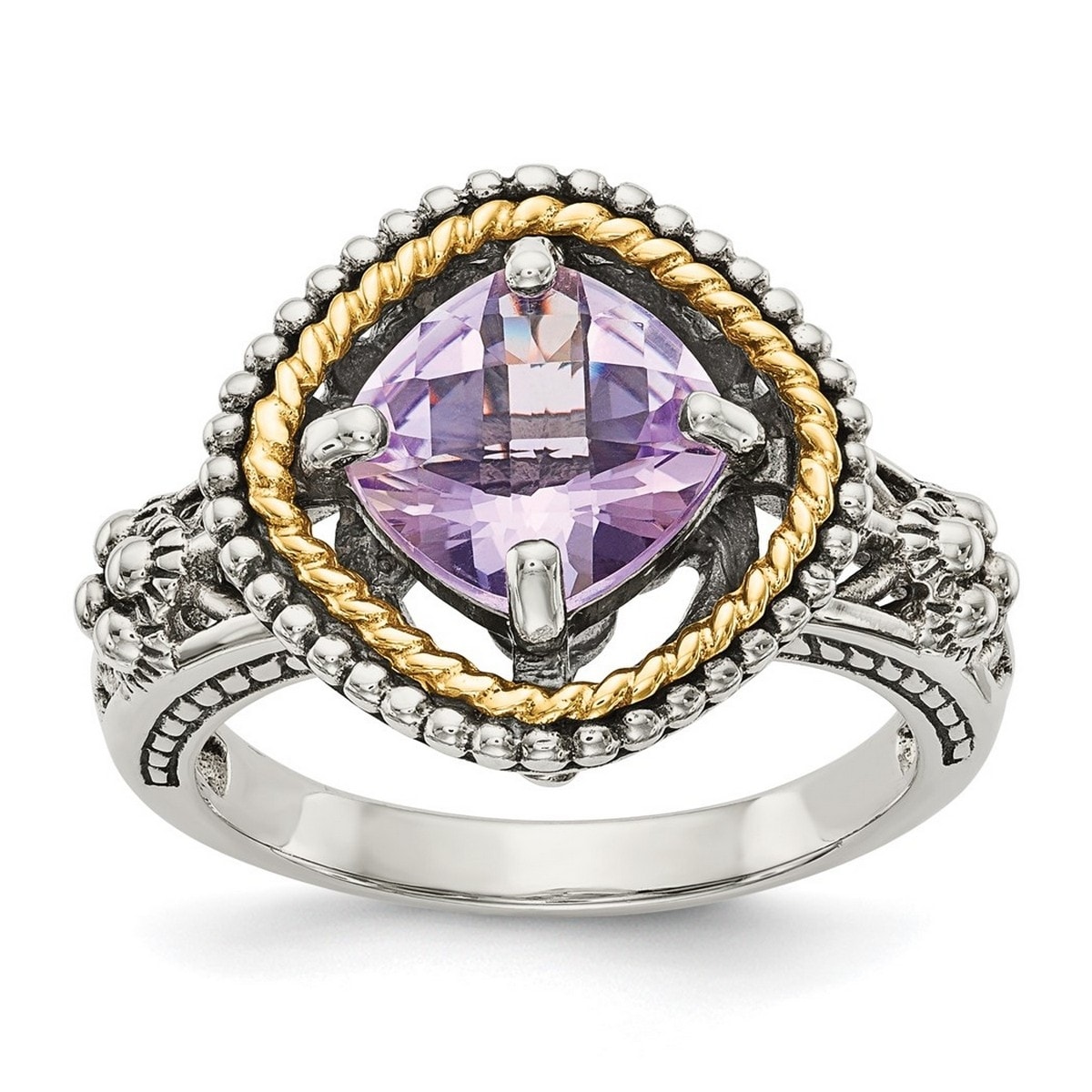 Curata 925 Sterling Silver With 14k Gold Pink Amethyst Antiqued Ring