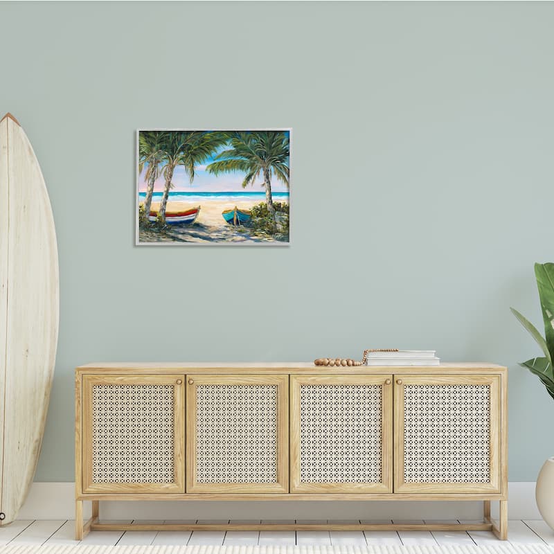 Stupell Row Boats on Beach Shore Tropical Palm Trees Framed Wall Art