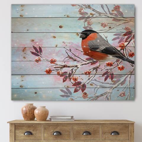 Designart 'Two Bright Bird Bullfinch Bird Sitting On A Branch' Traditional Print on Natural Pine Wood