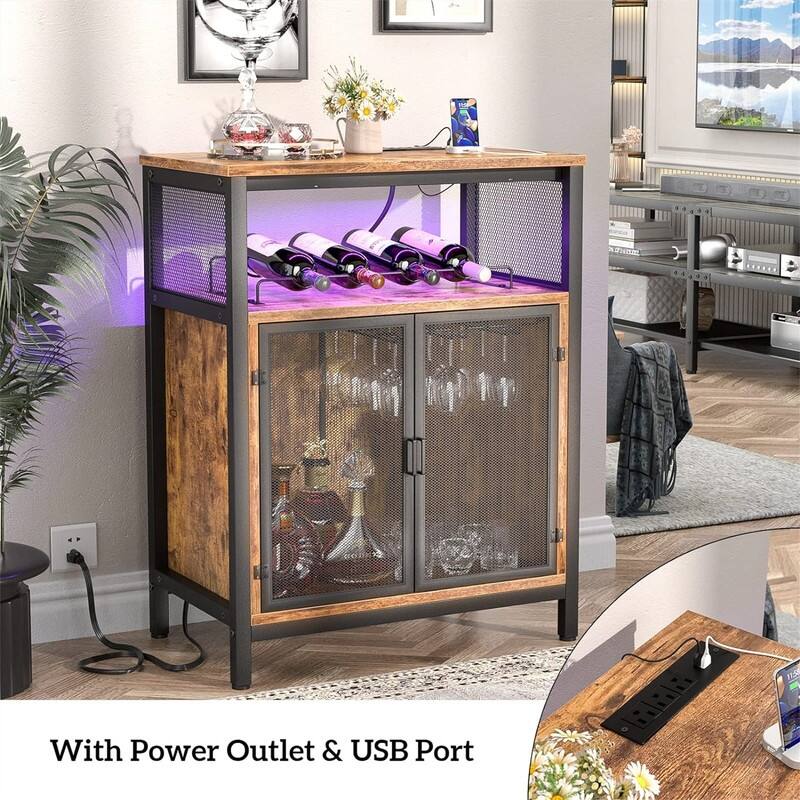 Wine Bar Cabinet with RGB Light and Outlet - 23.6"D x 13.6"W x 31"H