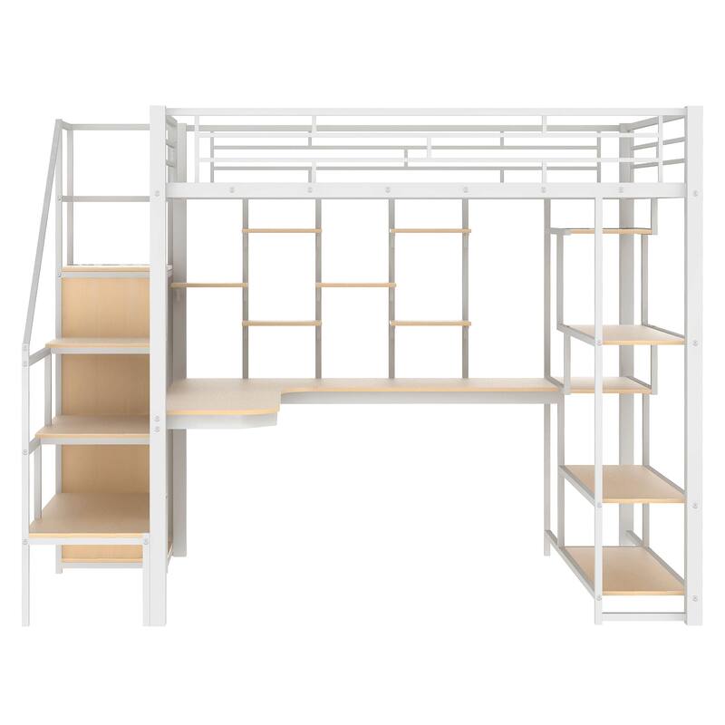 Full Size Metal Loft Bed with Storage Staircase, Built-in Desk, Wardrobe, and Shelves, White