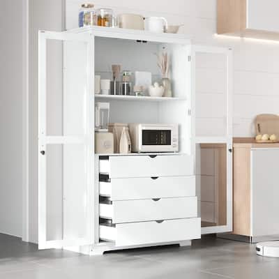 44.7" Kitchen Pantry Cabinet with Glass Doors - Storage Cabinet with 4 Built-In Drawers - Display Cabinet for Living Room
