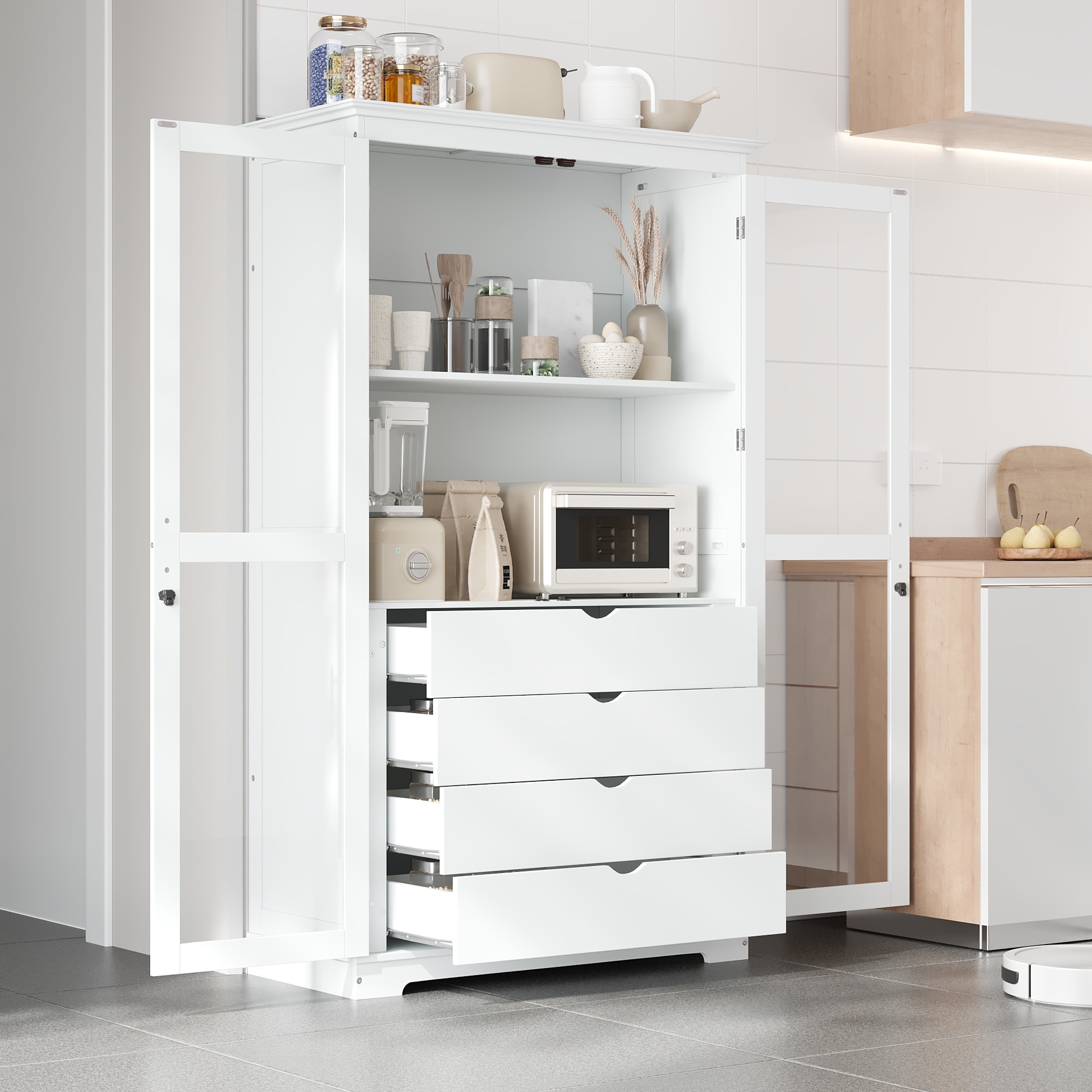 Kitchen Pantry Storage Cabinet, Freestanding Wood Cabinet Display Cabinet with Glass Doors, 4 Built-in Drawers & Shelves