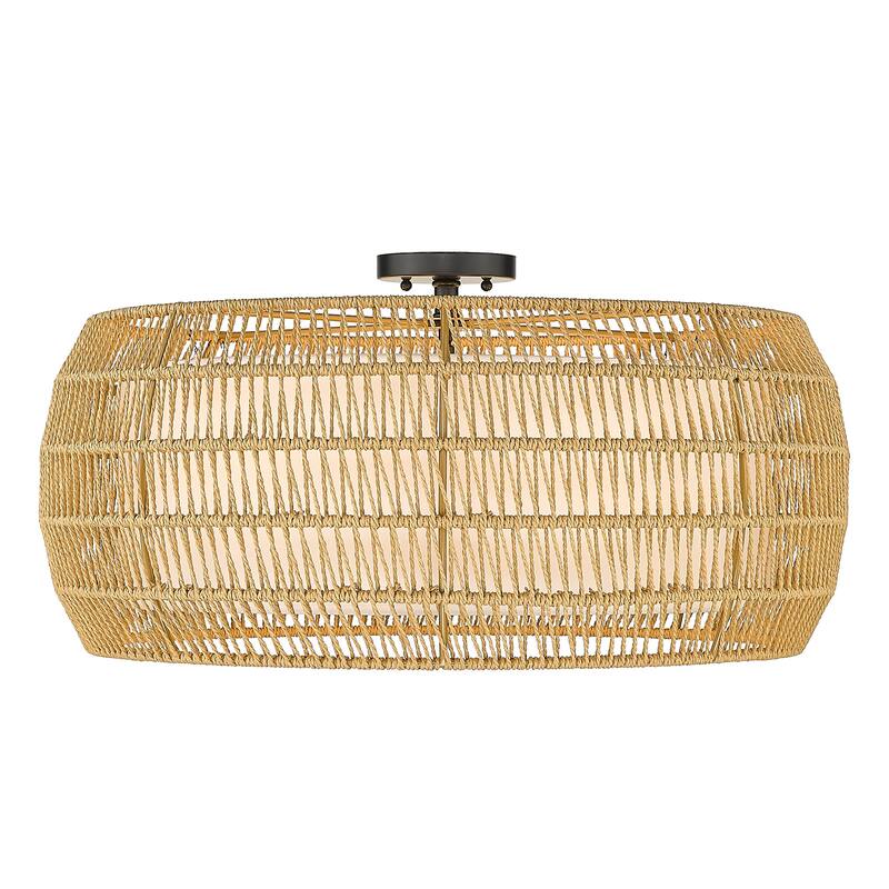 Everly 27" Wide Damp-Rated 6-Light Semi-Flush with Rattan Shade