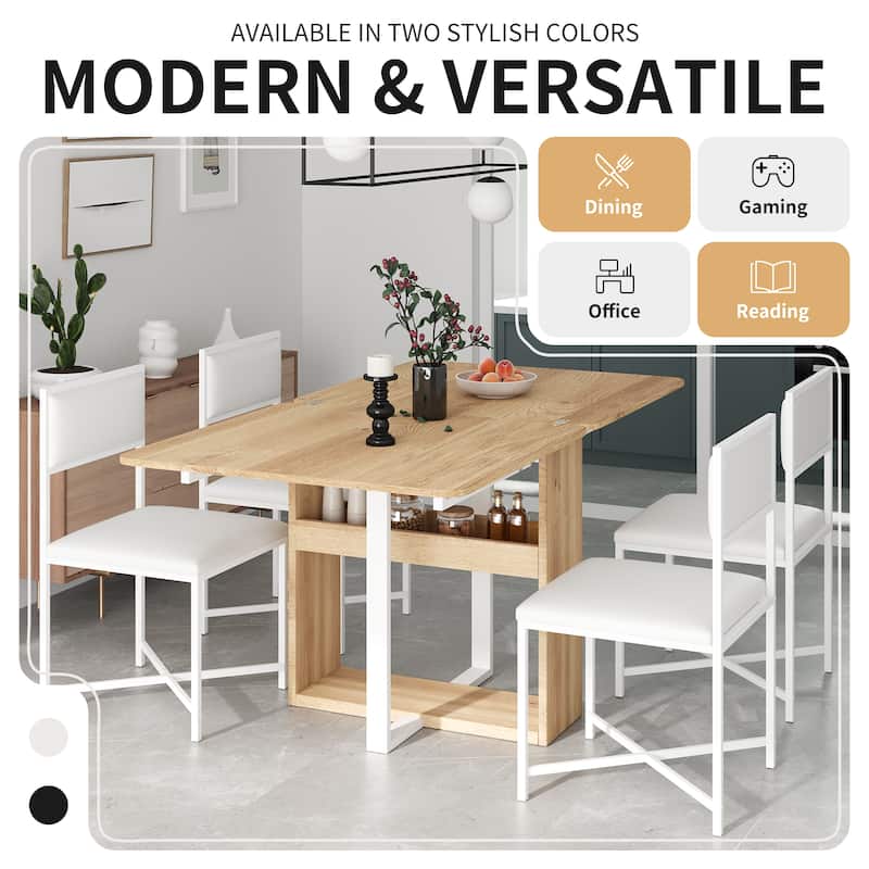 Modern 5-Piece Extendable Dining Table Set, 63" Kitchen Foldable Wooden Table with Lower Storage Shelf and 4 PU Leather Chairs