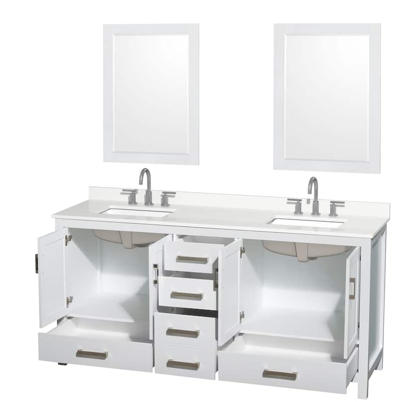 Sheffield 72-inch Double Vanity, 3 Hole Quartz Top, 24-inch Mirrors