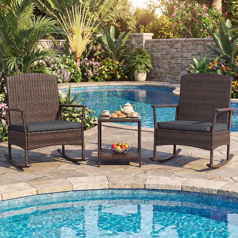 Costway 3 Piece Patio Rocking Set Wicker Rocking Chairs with 2-Tier - See Details