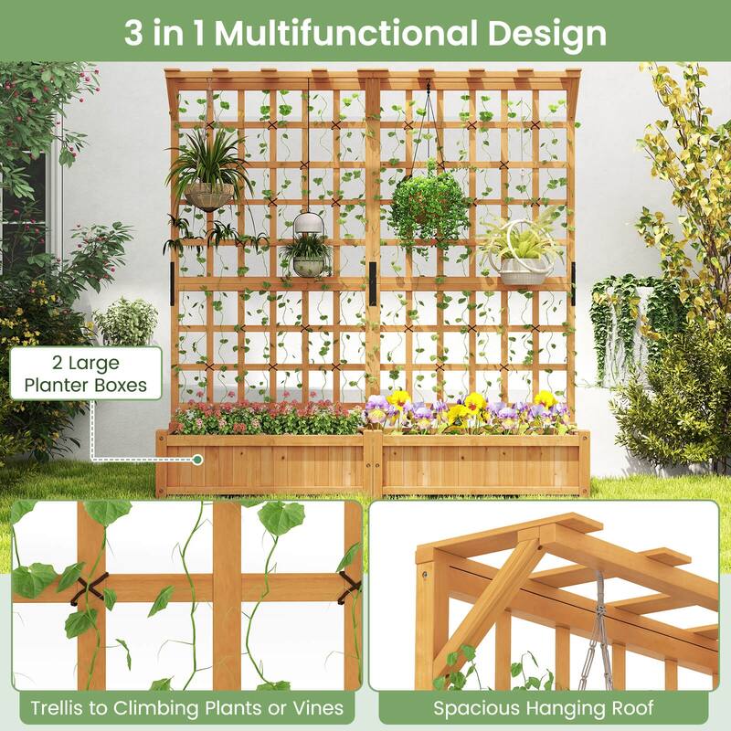 Costway 71" Large Wooden Planter Container with Trellis, Hanging Roof - See Details