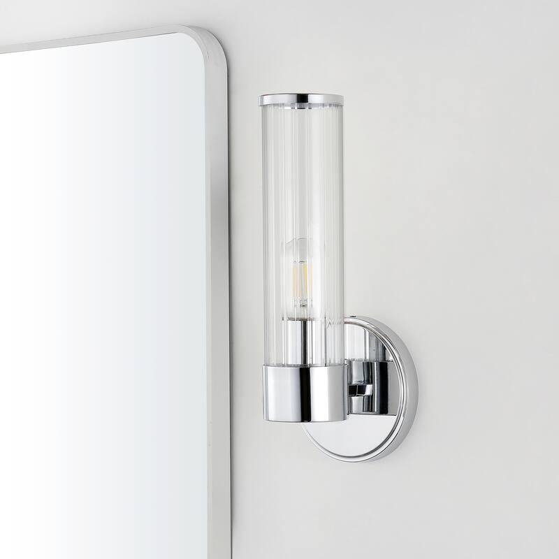 Cecil 6" 1-Light Tall Cylinder Iron/Striped Glass Modern Mid-Century LED Vanity, Chrome by JONATHAN Y