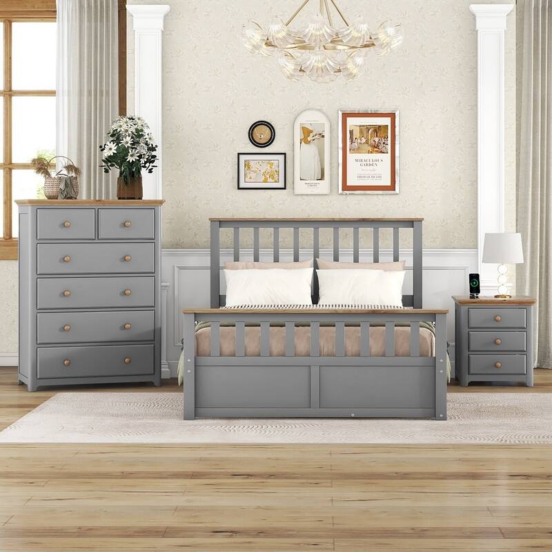 3-Pieces/1-Piece Bedroom Sets Full/Queen Size Platform Bed with Nightstand(USB Charging Ports) and 6-Drawer Storage Chest