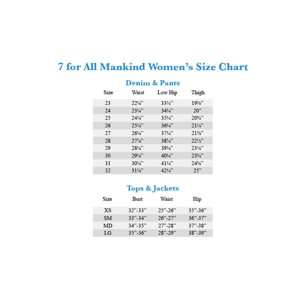 7 Mankind Jeans Size Chart