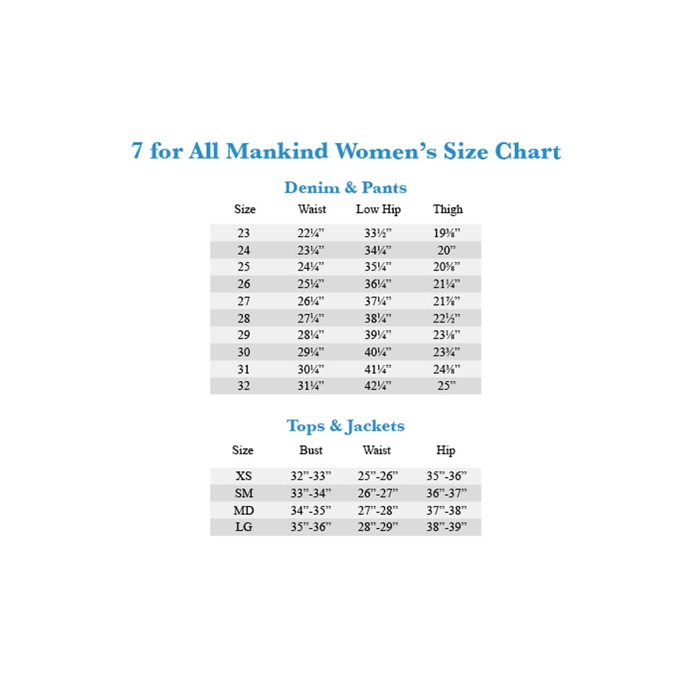 7 mankind jeans size chart