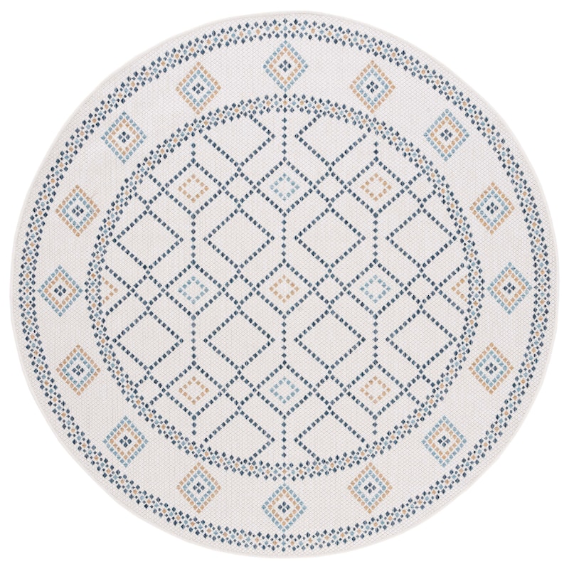 SAFAVIEH Courtyard Orlinda Indoor/ Outdoor Rug - 6'7" Round - Ivory/Navy Yellow