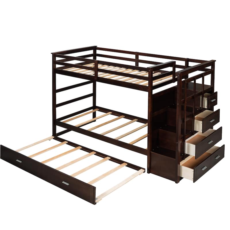 Twin Over Twin Bunk Bed with Trundle and Staircase