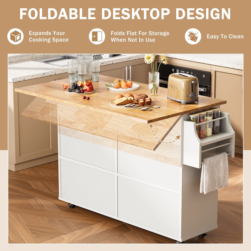 EROMMY 52" Large Kitchen Island Cart with Drop Leaf, 2 Drawers, Storage Cabinets, Rolling Mobile Island