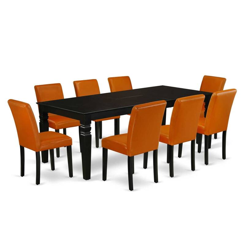 Kitchen Dining Set 9Pc Rectangle Table W/Leaf & 8 Chairs Black PU Leather