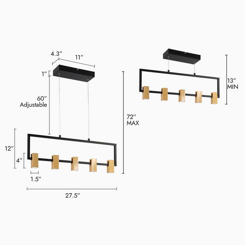 Modern 5-Light Black Gold LED Rectangle Chandelier Hanging Pendant Light for Dining Room - 27.5" L x 1.5" W x 12" H