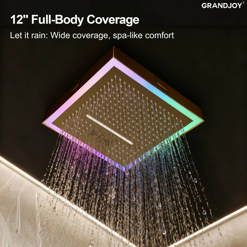 GRANDJOY Thermostatic LED Rain and Waterfall Shower System with Handheld, Built-In Music Function