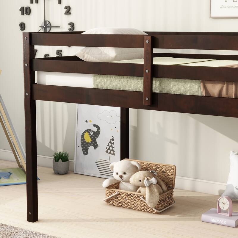 Twin Loft Bed with Ladder, Strengthened Slats, Espresso Finish, Rubber Wood & Plywood