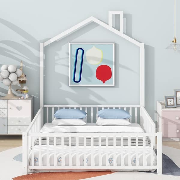 slide 2 of 11, Full Metal House Bed with Guardrails White