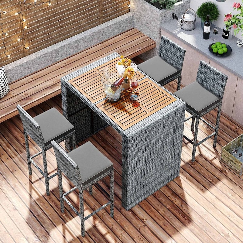 5-Piece Outdoor Patio Wicker Acacia Wood Table Top Bar Set, Gray
