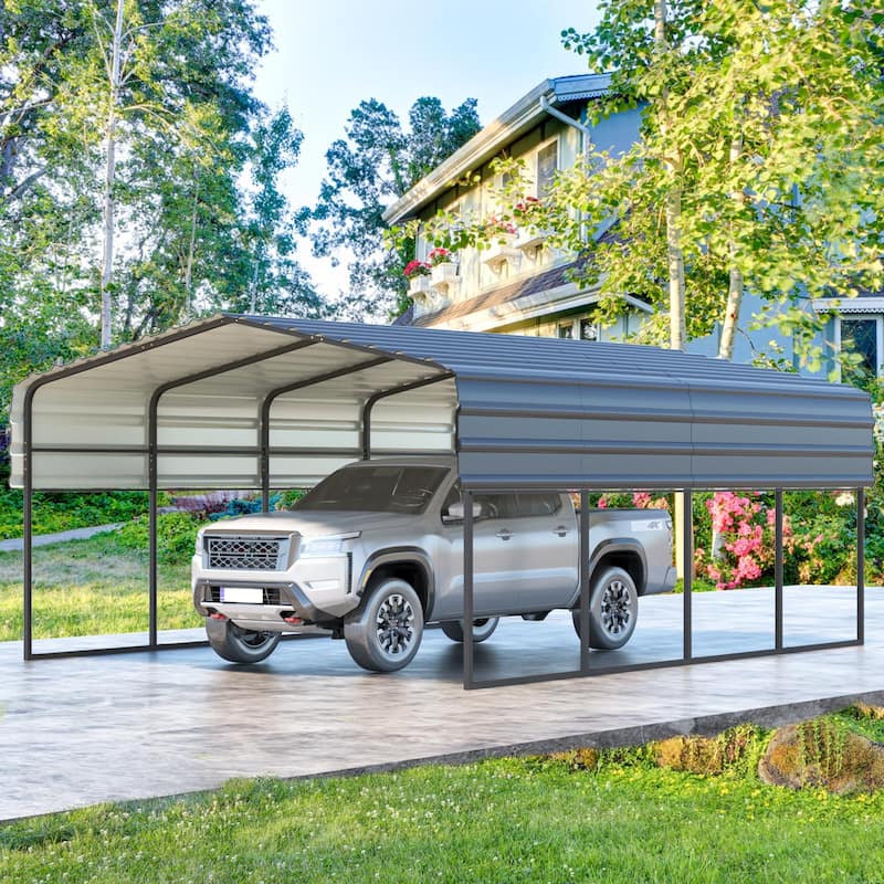 Heavy-Duty Metal Carport with Upgraded Galvanized Steel Roof – Ideal Shelter for Cars, Boats, and Tractors - 12'x20' - Curved Roof