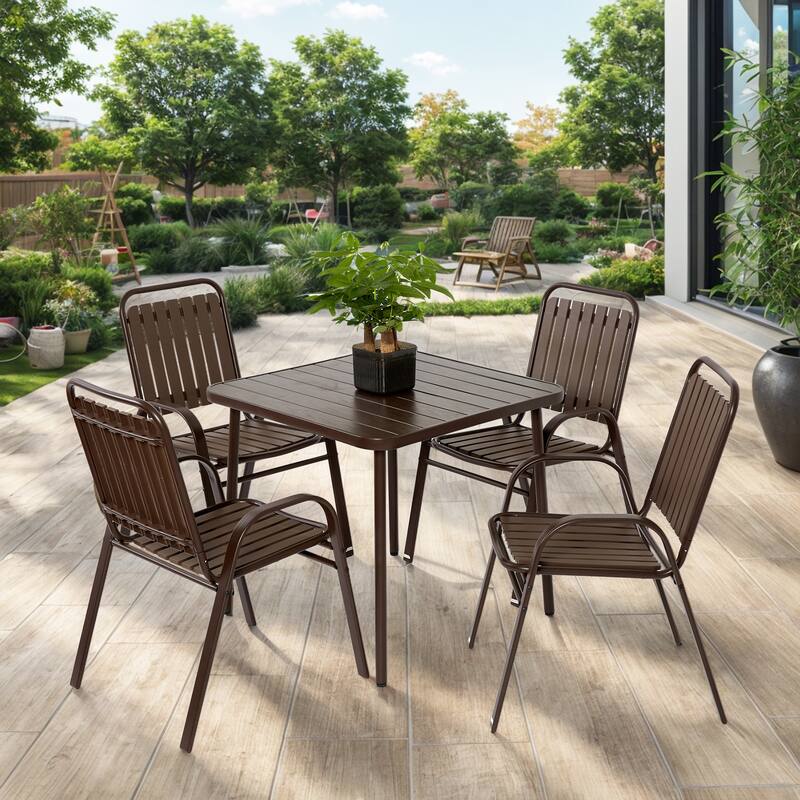 5-Piece Outdoor Casual Dining Table Set with 4 Plastic Chairs Patio Square Coffee Table Poolside Picnic Beer Table