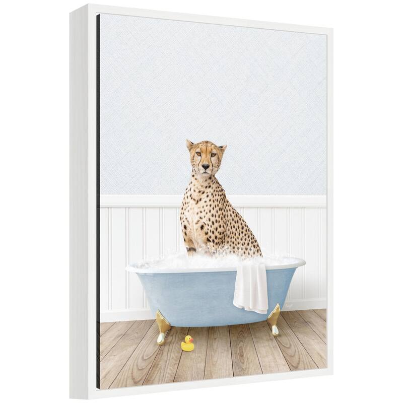 Kate and Laurel Sylvie Cheetah in Cottage Blue Bathtub Framed Canvas by Amy Peterson - White