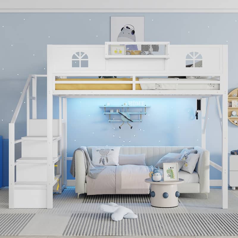 Full / Queen Size Loft Bed with Stairs, House Shaped Guardrails, and Wardrobe Storage