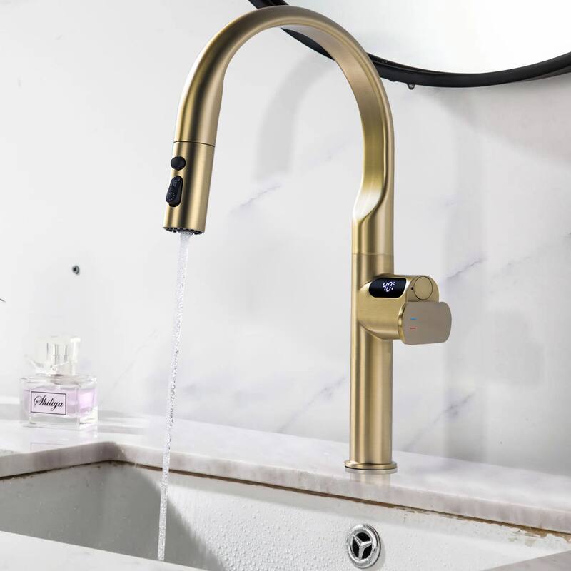 18''H 3-mode Temperature Display Kitchen Faucet with Pull Sown Sprayer in Black/Gold