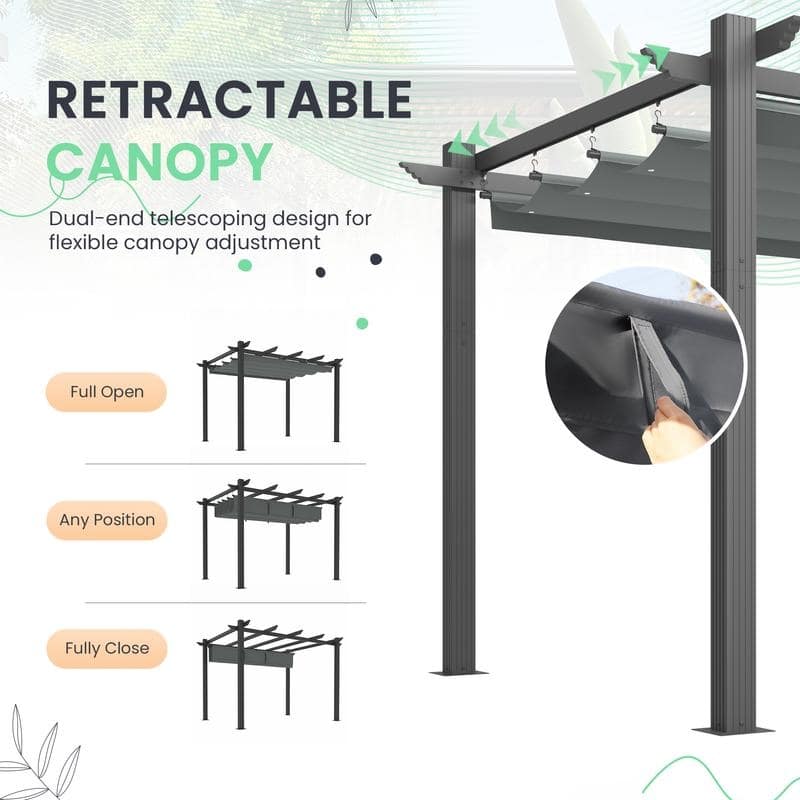 EROMMY 10' x 13' Outdoor Pergola with Retractable Canopy, Heavy-Duty Metal Frame and Adjustable Patio Shade Roof