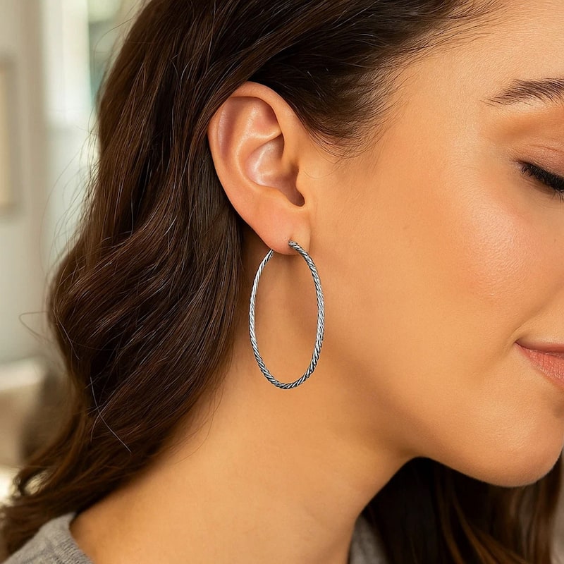 MayaMila Hoop Earrings with Twist Texture in Sterling Silver