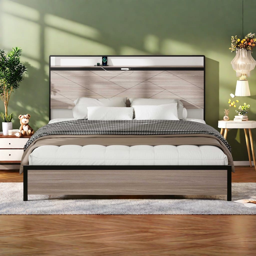 King Size Platform Bed with Built-In LED Touch Lights and USB/Type-C Charging Ports, Under-Bed Storage Space