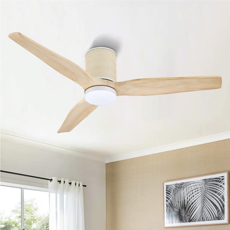 MLiAN 52 In. 3 Solid Wood Blades Flush Mount Ceiling Fan with Light Kit - 52" - Wood/Off White