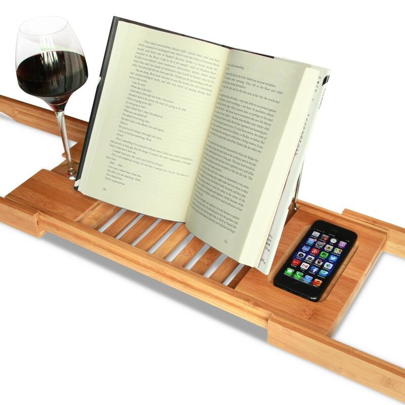 ToiletTree Products Bamboo Bathtub Caddy with Extending Sides and Adjustable Book Holder - Brown - 31.5 x 10 x 3