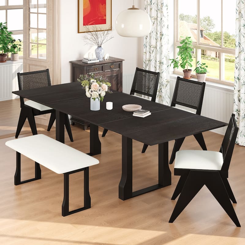 6PCS Rattan Wooden Extendable Dining Table Se - Espresso