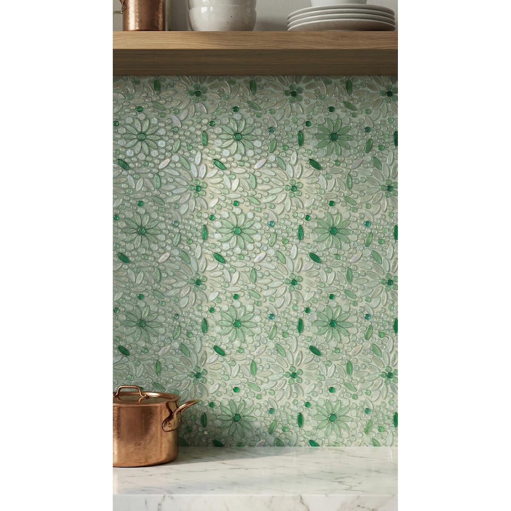ES STONE - Floral Pattern Glass Mosaic Tile - Decorative Wall & Backsplash Tile - Case (10 Sheets)